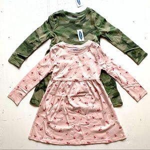 NWT 2 piece bundle girl Old Navy jersey dresses floral & camo, pink & green